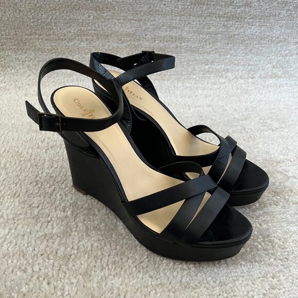 Cole Haan Melrose Black Leather Strappy Platform Wedge Heels Sandals Shoes 8.5 - Picture 3 of 11